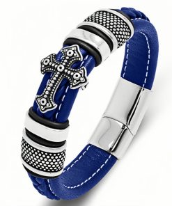 Alternative view of Punk woven leather bracelet, suitable for both men and women – 316L titanium steel cross and rivet pendant – Magnetic clasp Gothic bracelet – Dark street style motorcycle-inspired jewelry gift