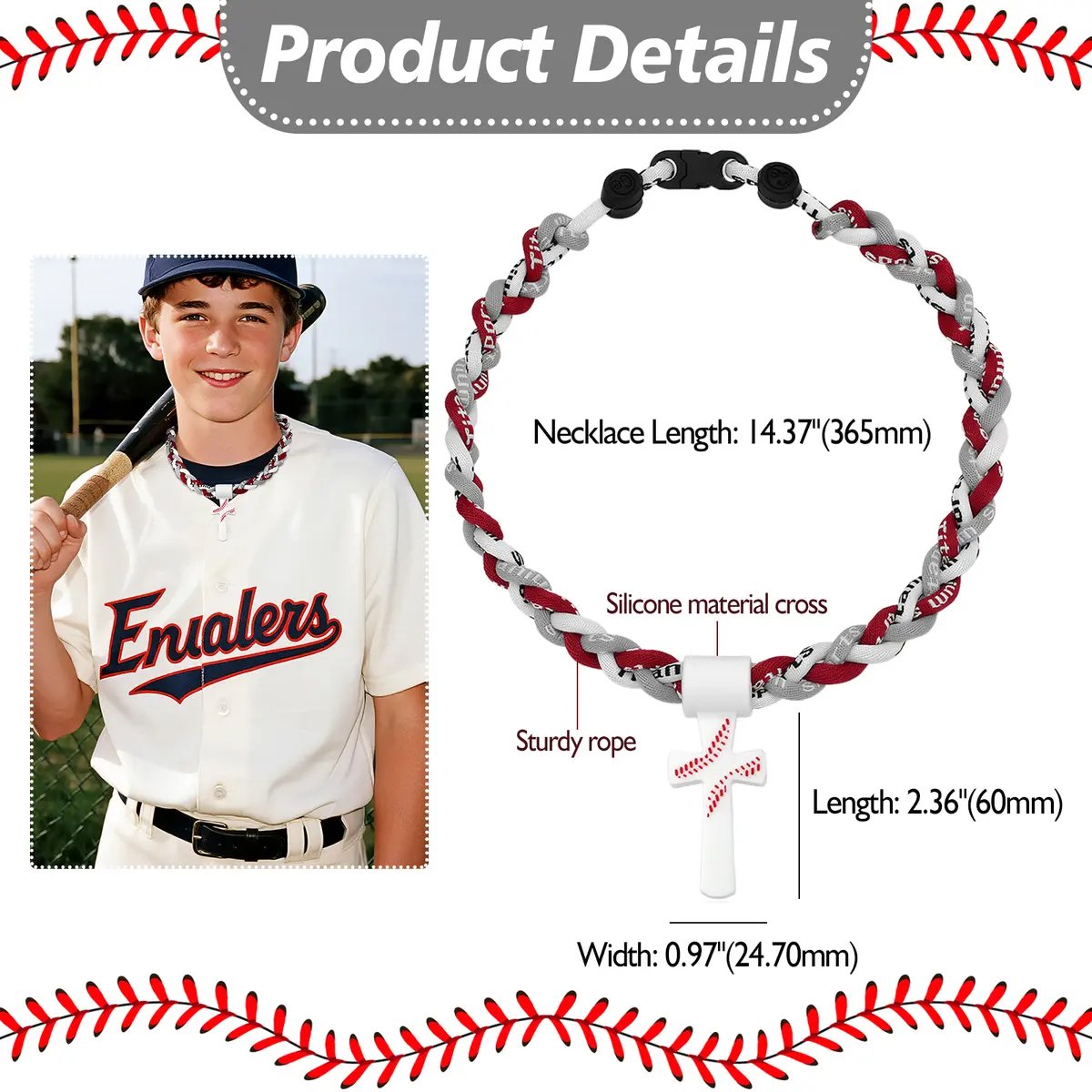 Baseball Necklaces for Boys 8-12, Triple Rope Tornado Sports Necklace with Cross Pendant - Image 7