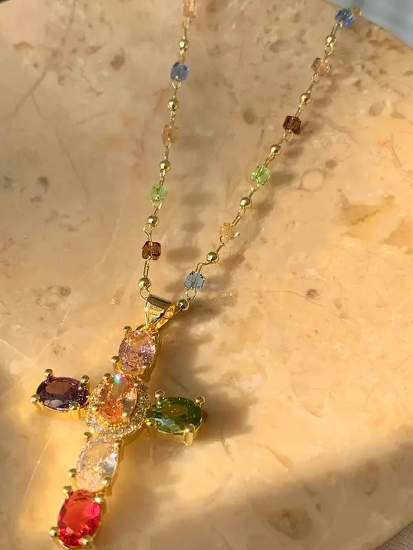 Dainty &Vintage Glam Rainbow Cross Necklace(Two-pack) - Image 3