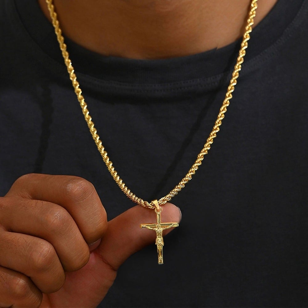 Catholic Jesus Cross Pendant, 18K Gold Plated Cross Pendant with Rope/Cuban Chain, Easter Christmas Religious Gift for Men - Image 4