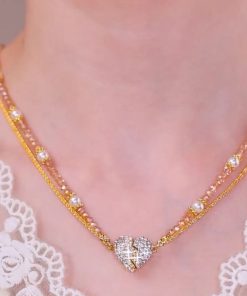 Alternative view of Magnetic Heart Double Layer Necklace for Couples | Pearl Pendant & Chic Minimalist Chain