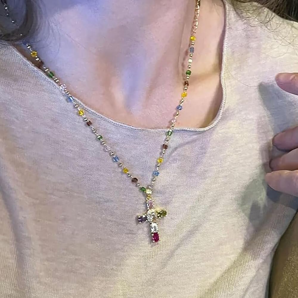 Dainty &Vintage Glam Rainbow Cross Necklace(Two-pack) - Image 4