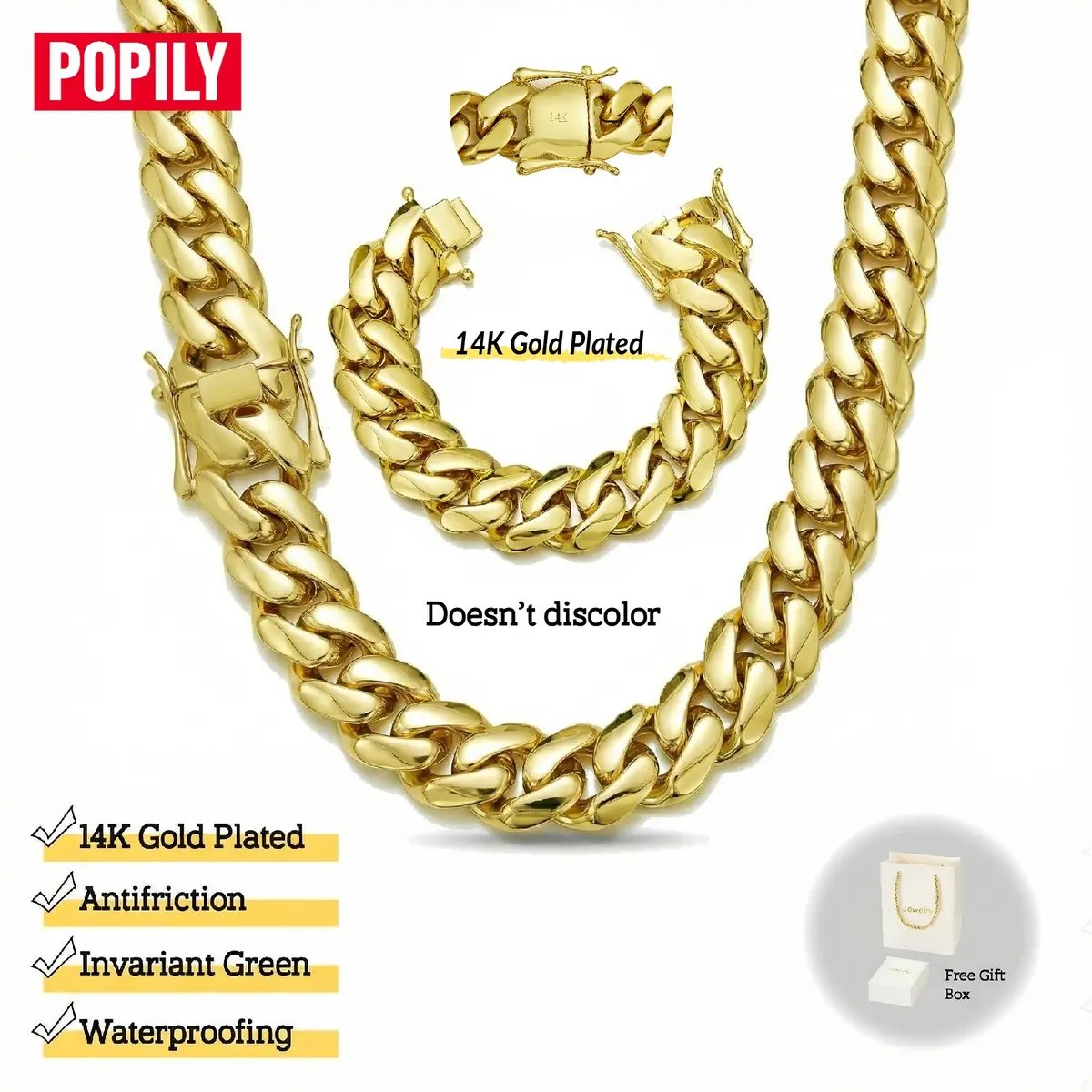 14K Gold Plated Heavy Mens Soild Cuban Link Chain Necklace/Bracelet Set - Image 6