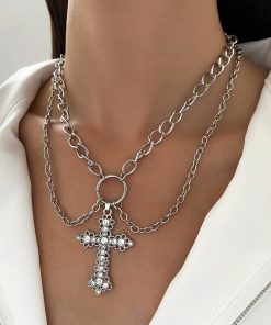 Alternative view of (3pcs )INS style alloy vintage pearl cross pendant versatile multi-layer sweater necklace