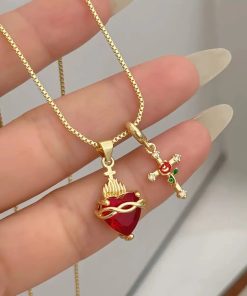New Heart-shaped Rose Cross Multi-pendant Necklace with Love Zircon Sacred Heart Collarbone Chain