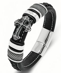 Punk woven leather bracelet, suitable for both men and women – 316L titanium steel cross and rivet pendant – Magnetic clasp Gothic bracelet – Dark street style motorcycle-inspired jewelry gift