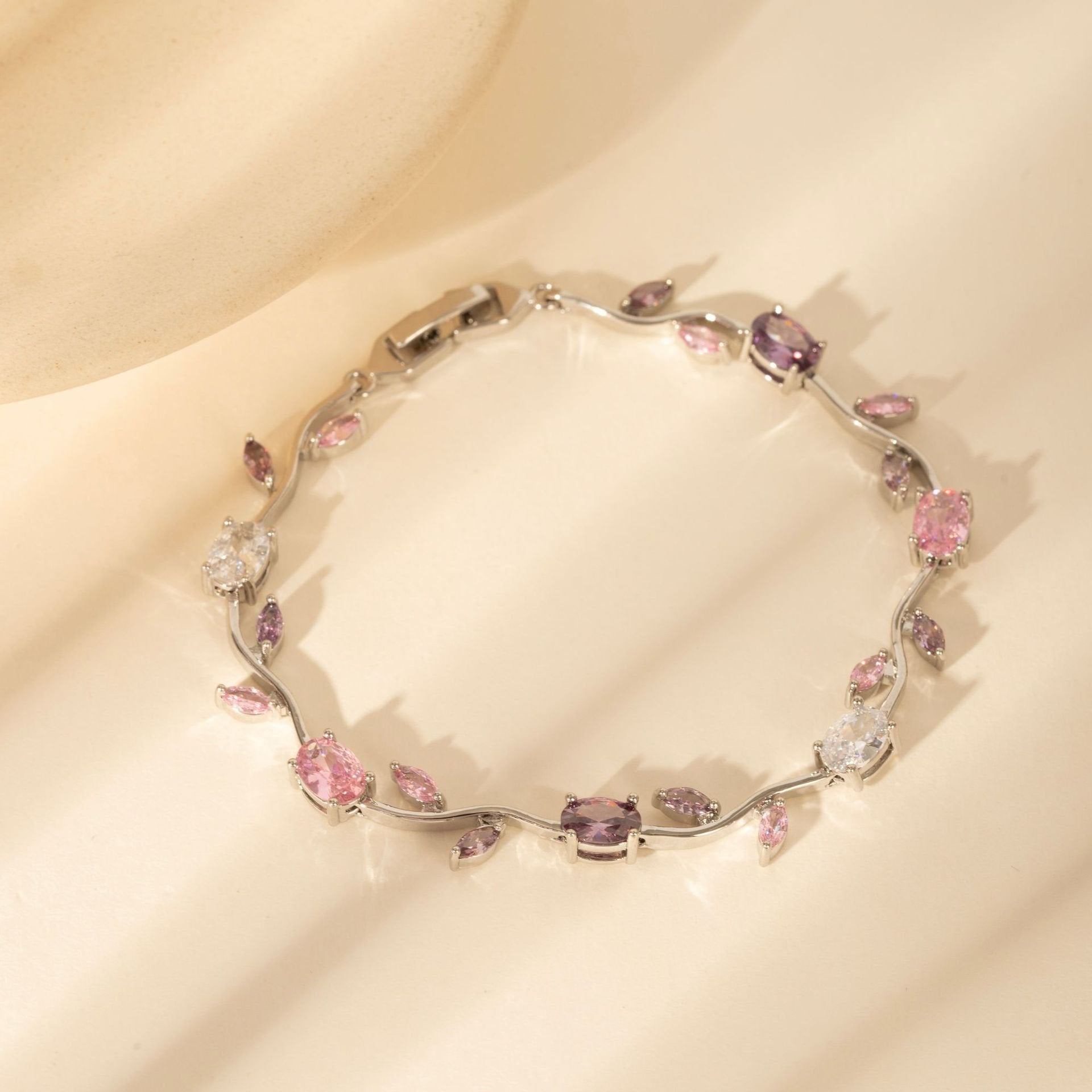 Dainty Crystal Flower & Leaf ,Colorful Oval Zirconia Bracelet - Image 3