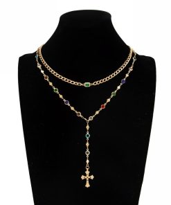 Alternative view of Stacked ins colored diamond tassel cross pendant necklace