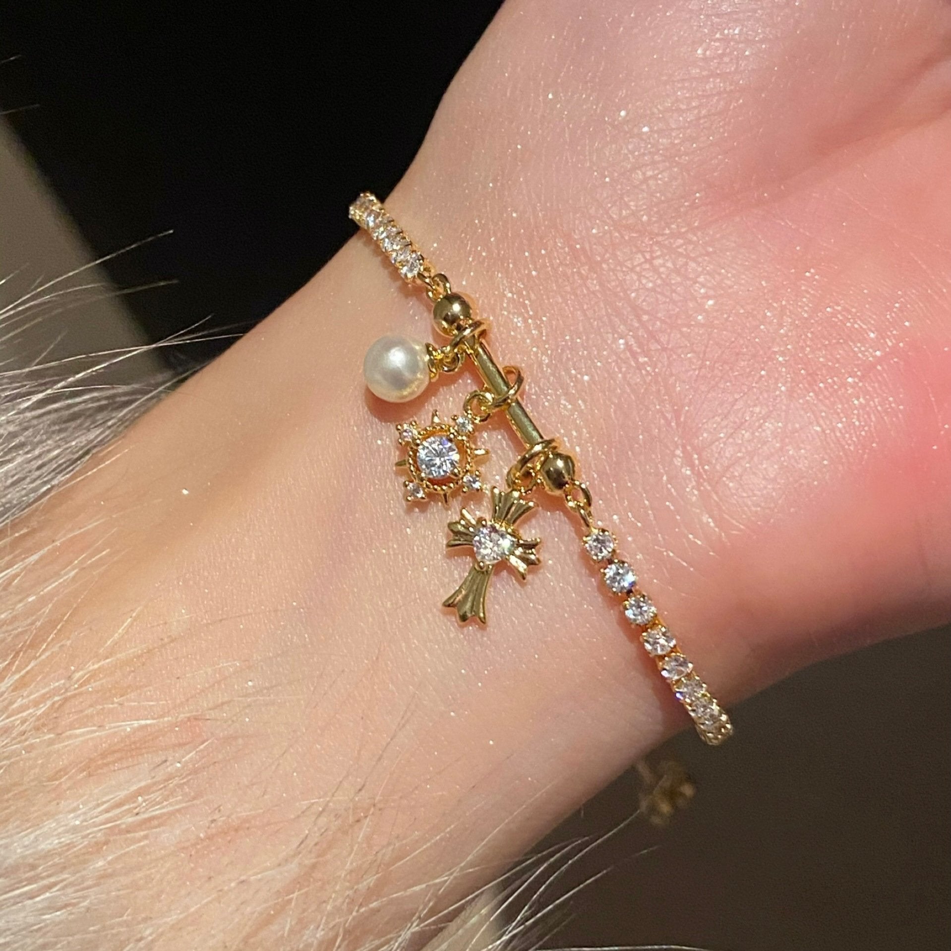 Dainty Double Layered Snowflake Cross Bracelet | Sparkle Adjustable Jewelry