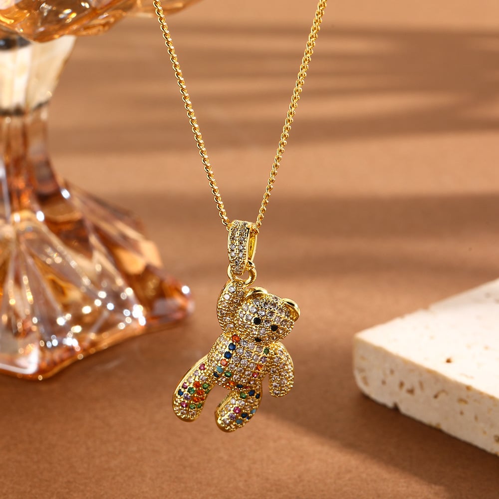 Crystal Bear Pendant Necklace | Copper Base with Gold Plated Finish | Cute Animal Jewelry