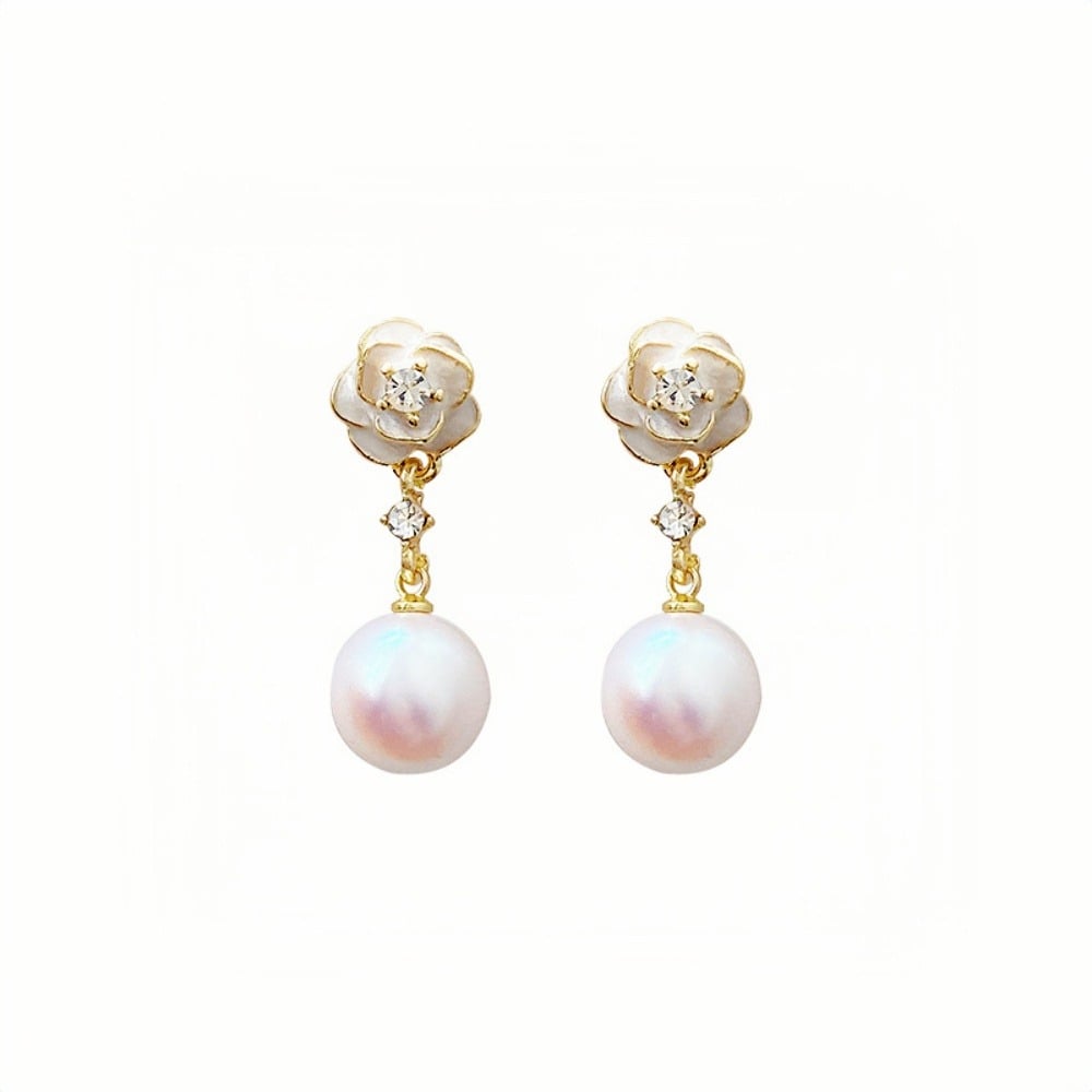 Camellia gentle small fragrant pearl new earrings, spring and summer light luxury tassel high-end French earrings for women, floral pearl water drop bridal gift. - Image 2