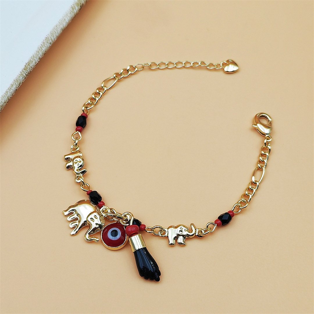 14K Gold Plated Elephant & Evil Eye Bracelet | Adjustable Hypoallergenic Bohemian Jewelry - Image 2