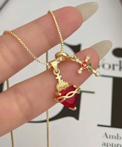 Alternative view of New Heart-shaped Rose Cross Multi-pendant Necklace with Love Zircon Sacred Heart Collarbone Chain