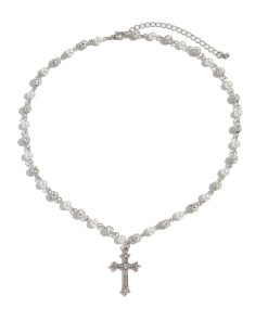 Y2K Aesthetic Cross Pearl Necklace | Gothic Punk Rhinestone Rosary Pendant