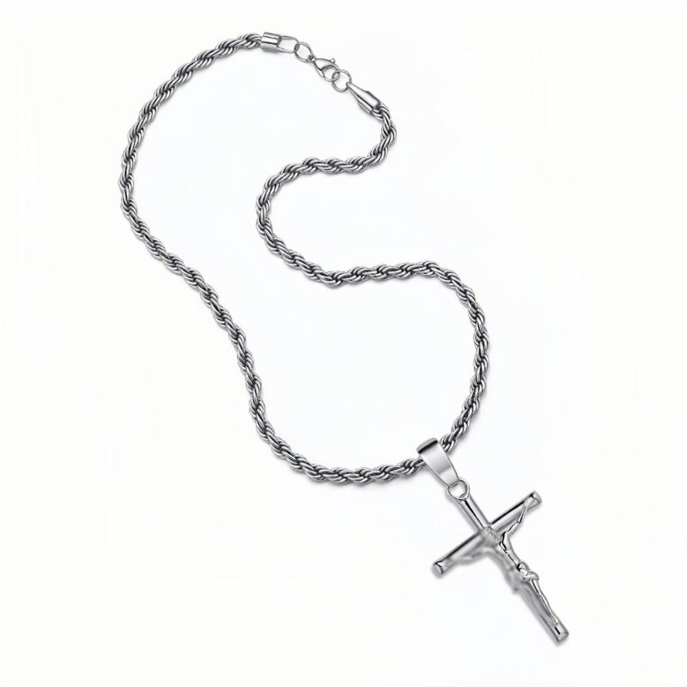 Catholic Jesus Cross Pendant, 18K Gold Plated Cross Pendant with Rope/Cuban Chain, Easter Christmas Religious Gift for Men