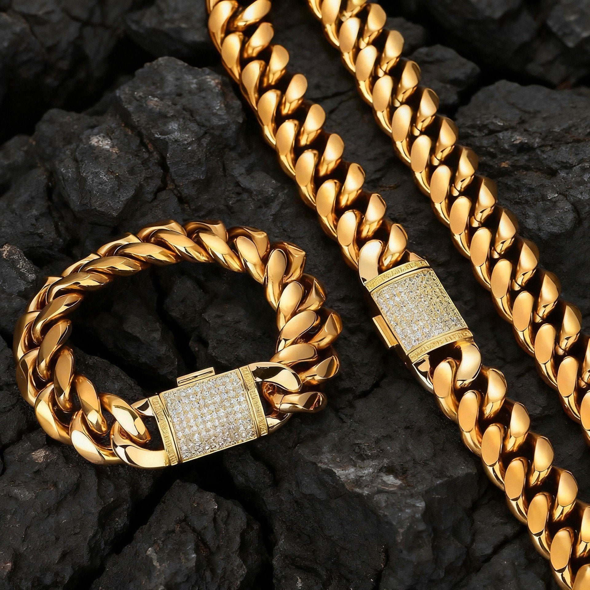 14K Gold Plated Heavy Mens Soild Cuban Link Chain Necklace/Bracelet Set - Image 4