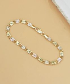14K Gold Tri-Color Mariner – Polished Floral Engraved Chain Bracelet