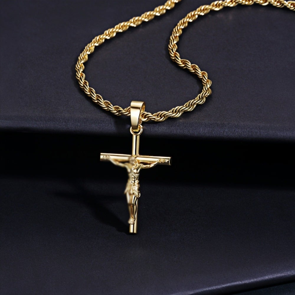 Catholic Jesus Cross Pendant, 18K Gold Plated Cross Pendant with Rope/Cuban Chain, Easter Christmas Religious Gift for Men - Image 3