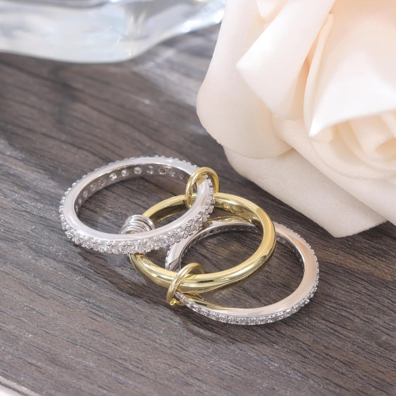 Statement Interlocked Rings Set | Gold & Silver Mixed Metals CZ Stacking Jewelry - Image 4