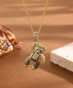 Alternative view of Crystal Bear Pendant Necklace | Copper Base with Gold Plated Finish | Cute Animal Jewelry