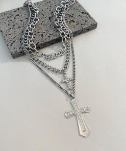 (3pcs )INS style alloy vintage pearl cross pendant versatile multi-layer sweater necklace
