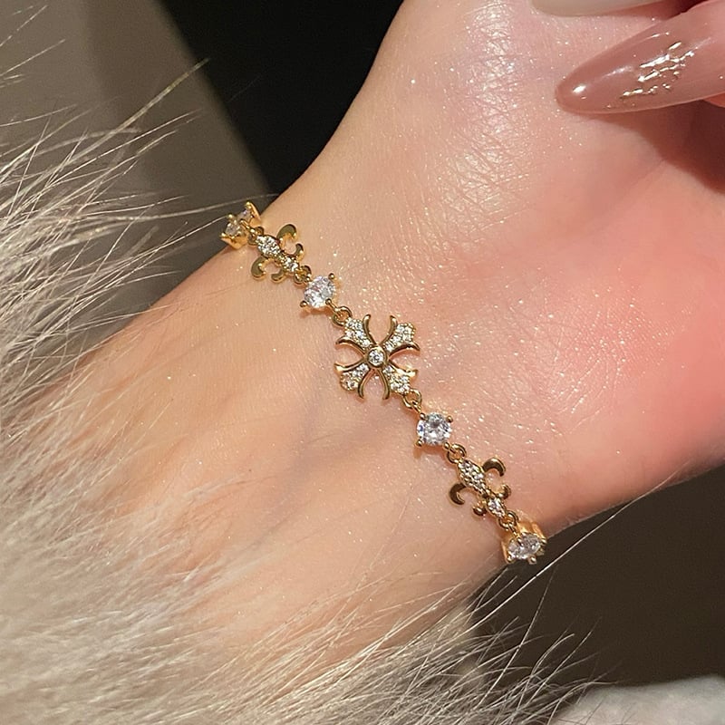 Dainty Double Layered Snowflake Cross Bracelet | Sparkle Adjustable Jewelry - Image 3