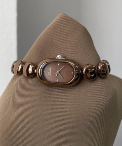 Alternative view of Vintage Luxury Oval Gold Dial Quartz Watch | Dainty Bracelet Style Diamond Ladies Wristwatch