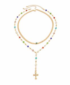 Stacked ins colored diamond tassel cross pendant necklace