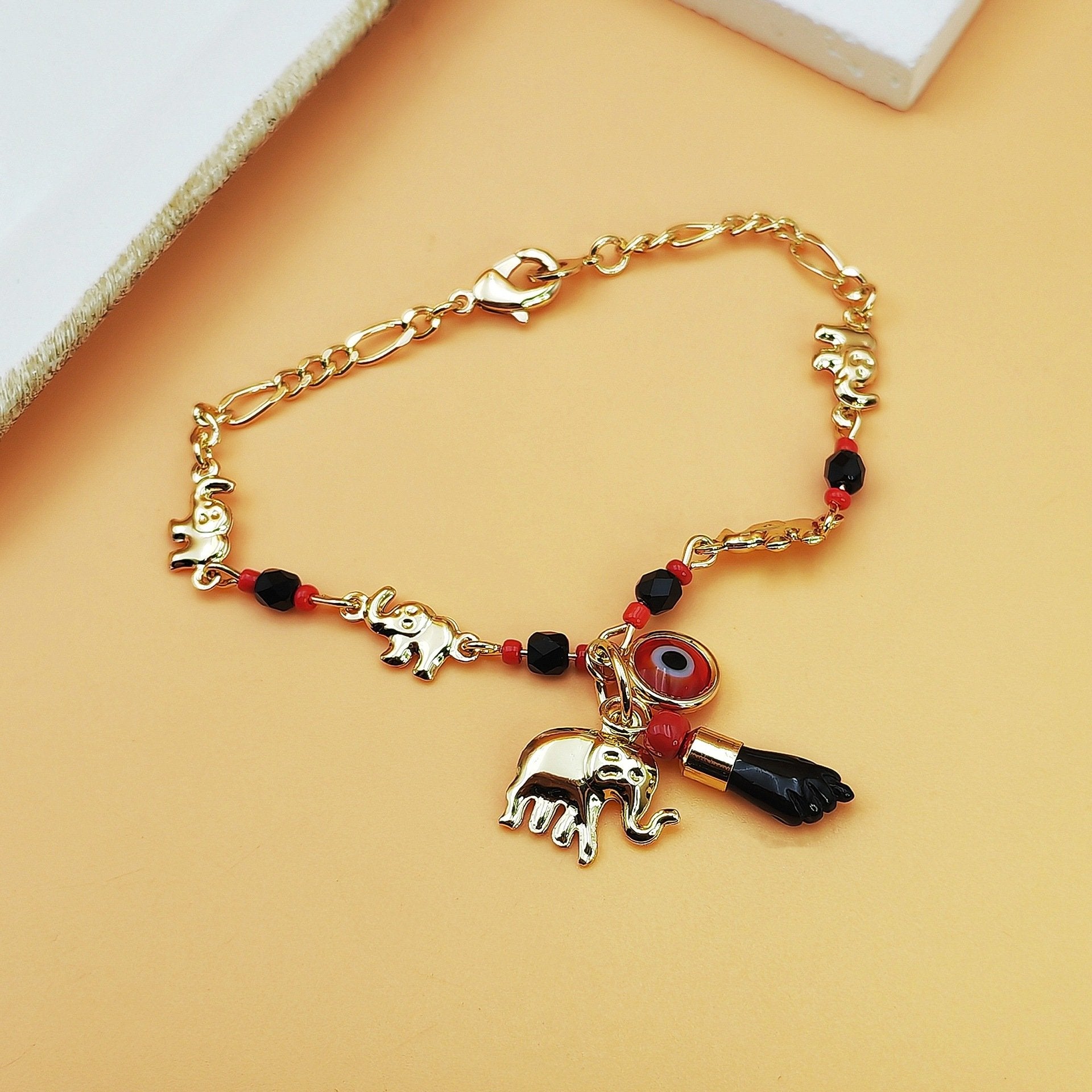 14K Gold Plated Elephant & Evil Eye Bracelet | Adjustable Hypoallergenic Bohemian Jewelry - Image 4