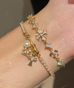 Alternative view of Dainty Double Layered Snowflake Cross Bracelet | Sparkle Adjustable Jewelry