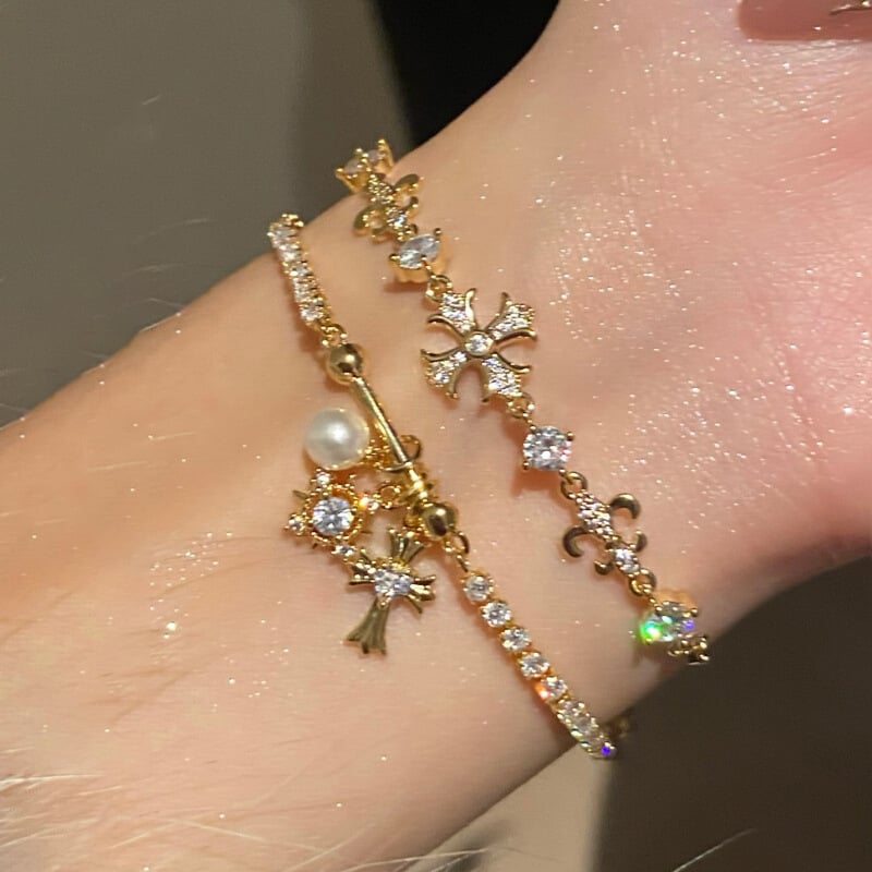Dainty Double Layered Snowflake Cross Bracelet | Sparkle Adjustable Jewelry - Image 2