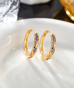 Alternative view of Stylish Gold-Plated Copper Hoop Earrings with Zircon-Set Starburst Rhombus Design