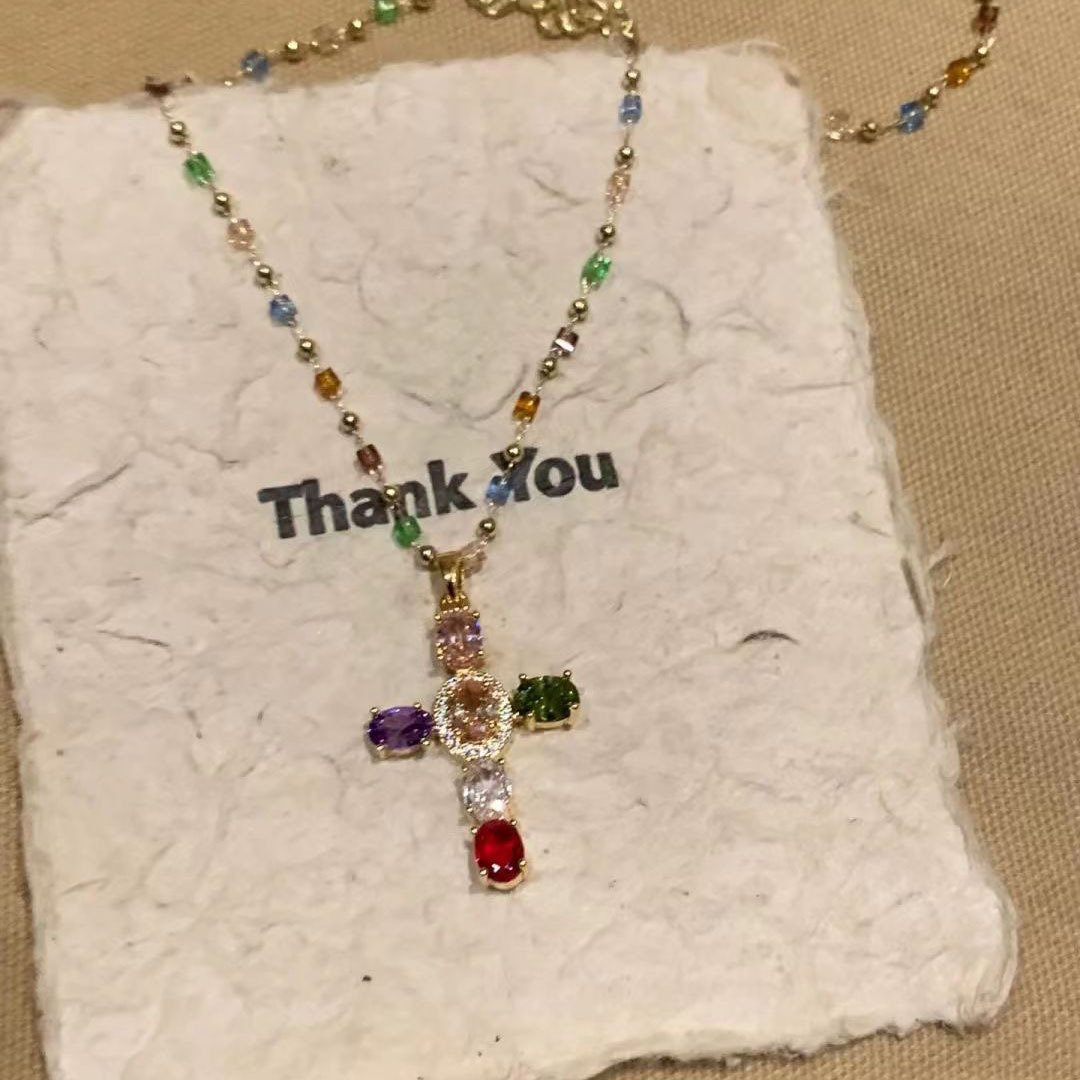 Dainty &Vintage Glam Rainbow Cross Necklace(Two-pack)