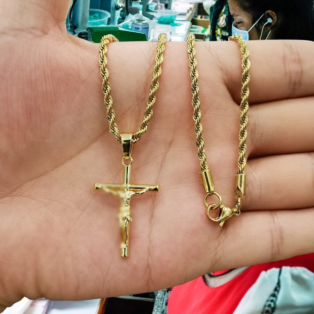 Catholic Jesus Cross Pendant, 18K Gold Plated Cross Pendant with Rope/Cuban Chain, Easter Christmas Religious Gift for Men - Image 6