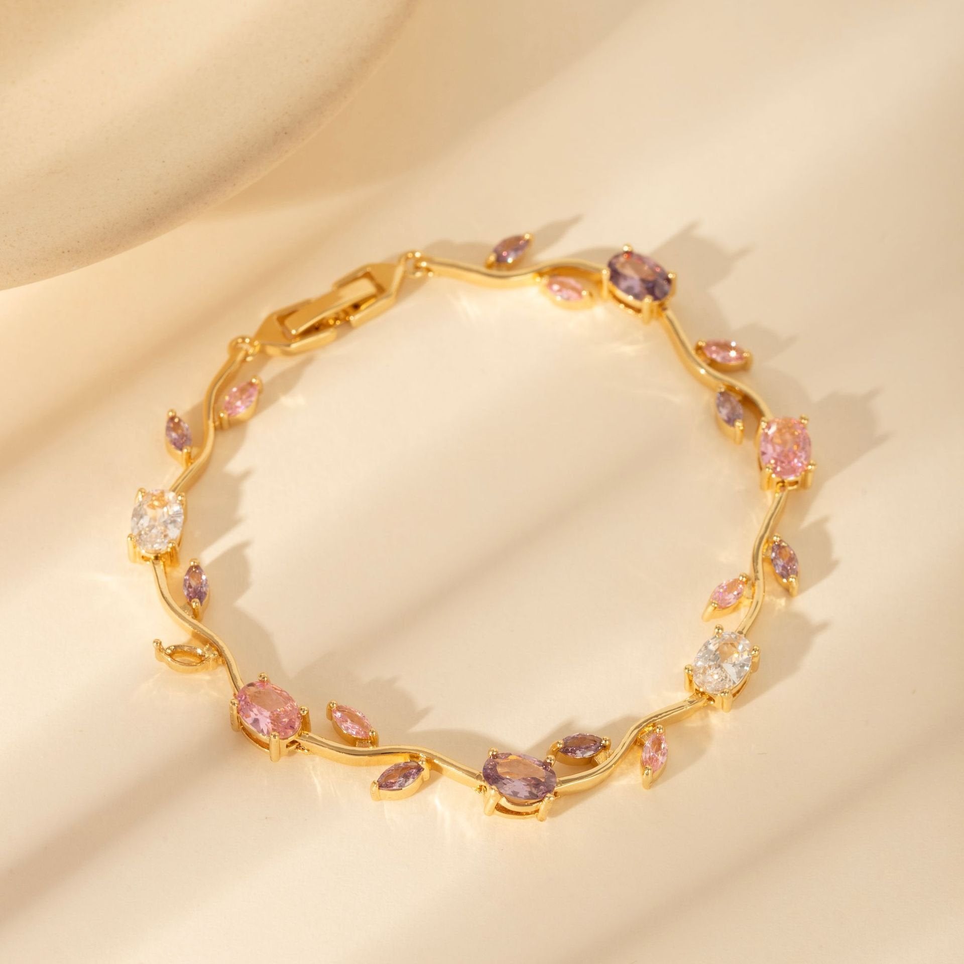 Dainty Crystal Flower & Leaf ,Colorful Oval Zirconia Bracelet - Image 5