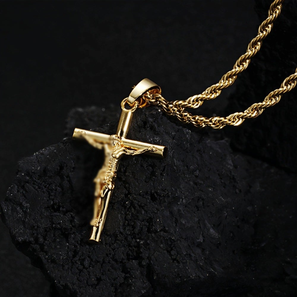 Catholic Jesus Cross Pendant, 18K Gold Plated Cross Pendant with Rope/Cuban Chain, Easter Christmas Religious Gift for Men - Image 2