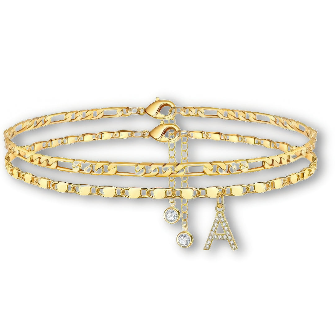 Layered Anklet Set with Initial Charm